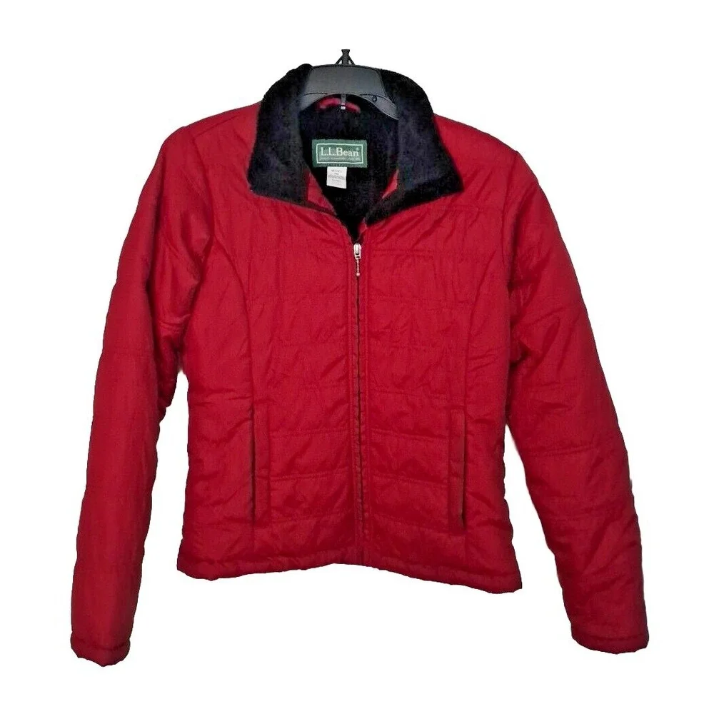 LL Bean Misses Sm Burgundy Red Nylon Fleece Lined Full Zip Winter Jacket Pre-own